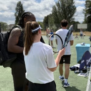 Close-up of tennis rackets available for free hire at a TwistFizz park venue in Southeast London.
